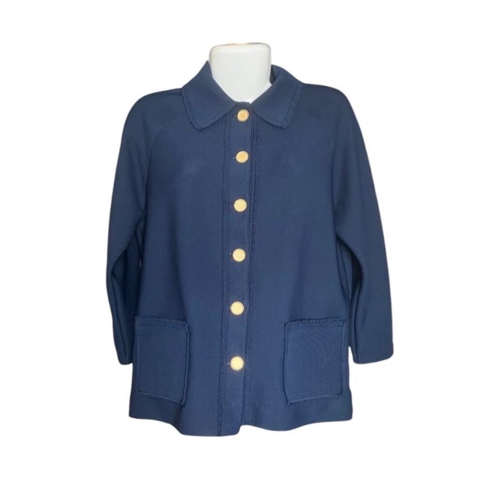 Hedy Knits of California Women's Timeless Navy Cardigan Gold Button Accents SZ M